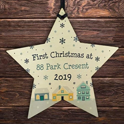 Image of RED OCEAN Personalised First 1st Christmas New Home Address Wood Star Tree Bauble Xmas Gift Decoration