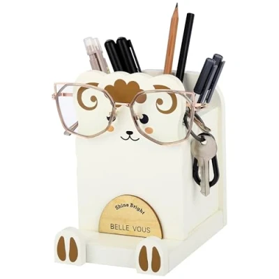 Image of BELLE VOUS Wooden Sheep Pen Holder for Desk Novelty Ornament Office Stationery Supplies &amp; Pot Phone Stand