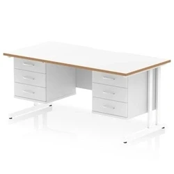 Image of Oslo 1600 x 800mm Edge Office Desk White Top Natural Wood Cantilever Leg Workstation 2 3 Drawer Fixed Pedestal