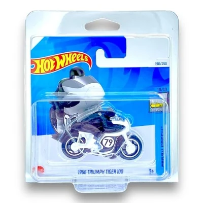 Image of Hot Wheels 1966 Triumph Tiger 100 (White &amp; Black) 10/10 Factory Fresh 2024 190/250 (Short Card) COMES IN A GENUINE KLAS CAR KEEPER PROTECTOR CASE HRY62