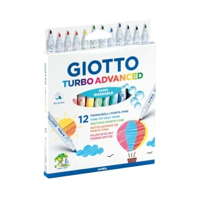 Image of GIOTTO Turbo Advanced Super Washable Felt Tip Fibre Pens, Fine Nib 2.8mm, 12 Assorted Colours, Ideal for Children, Parties and Schools