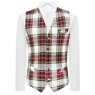 Image of King &amp; Priory Traditional White Tartan Check Waistcoat, Scottish, Stewart (S)