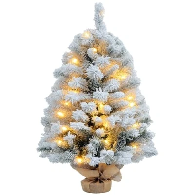 Image of HOMCOM 3ft Prelit Artificial Christmas Tree with Warm White LED Light and 133 Tips, Concrete Base, Flocked Xmas Pine Cones, Green