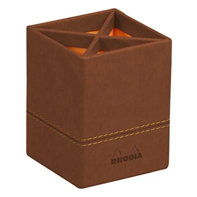 Image of RHODIA 194523C Copper Pencil Pot 8x8x11 cm Orange Saddle Stitching Faux Leather Exterior Home Office Collection Rhodiarama Organization &amp; Design Storage