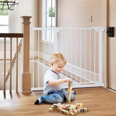 Image of COMOMY 75 110cm Stair Gate for Baby, Auto Close Dog Gates Indoor, Pressure Fit Child Safety Doorway, Wide Pet with Door the House, Metal Extensions (76cm Tall, White)