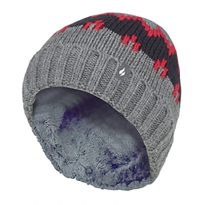 Image of HEAT HOLDERS Boys Thick Warm Ribbed Woven Knitted Soft Beanie Hat (7 10 Years, Pebble Melange/Red/Navy)