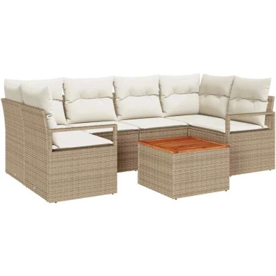 Image of vidaXL 7 Piece Garden Sofa Set with Cushions Beige Poly Rattan Acacia