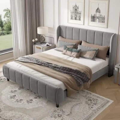 Image of BTM Double Bed 4FT6 135x190cm, Upholstered Frame with Headboard Wooden Slats and Metal Underbed Bracket, Vertical Stripe Design Velvet Bed, No Mattress