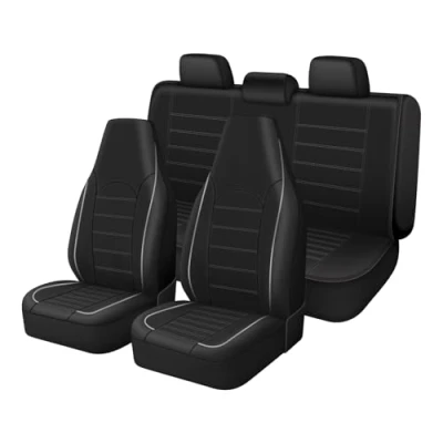 Image of TOYOUN Classic Universal PU Leather Car Seat Covers Full Set High Back Bucket Cover Fit Most Cars, Trucks, SUVS, or Vans 2 PCS Gray Trim Auto Protector,