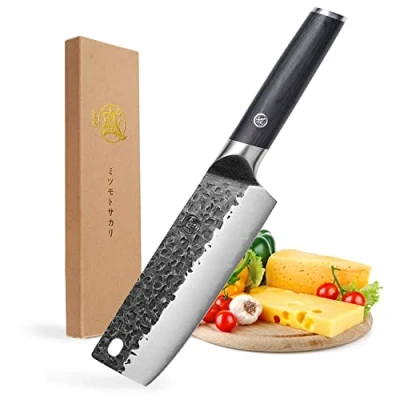 Image of MITSUMOTO SAKARI Japanese Cooking Chef&#039;s Knives, 7 inch High Carbon Stainless Steel Kitchen Knife, Hand Forged Multipurpose Vegetable Knife (Pakkawood Handle)