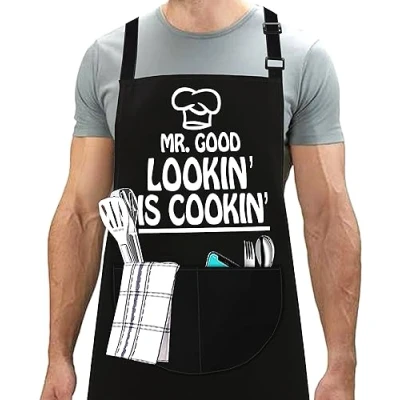 Image of LINEN CLOSET® Adjustable Bbq Aprons for Men Funny Chef Christmas Grilling Gifts Dad Son Father Husband with 2 Pockets Mr Good Looking is Cooking Apron