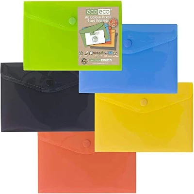 Image of eco A6 50% Recycled Assorted Colours Press Stud Popper Wallet, Plastic Folders (Pack of 25), eco078x25