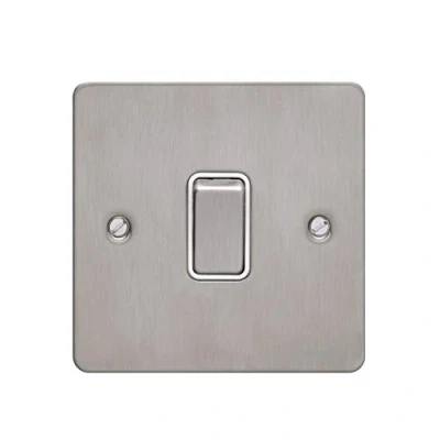 Image of Schneider Electric Ultimate Flat Plate Single 2 Way Light Switch, Intermediate, 16AX, GU1214WSS, Stainless Steel with White Insert