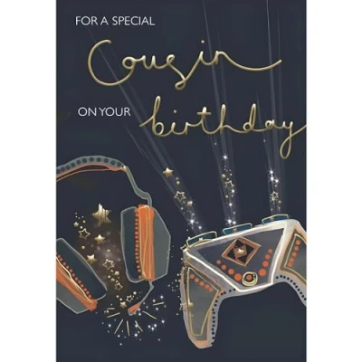 Image of Cousin Birthday Card Special Gaming and Stars Design Finishes Illustrated Insert Leaf Made in the UK Eco Friendly