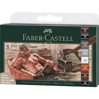 Image of Faber Castell Art &amp; Graphic Pitt Artist Pen Brush India Ink Pen, Classic, Wallet Of 8, For Art, Craft, Drawing, Sketching, Home, School, University, Colouring