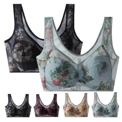 Image of GOOEIC Ellebloom Ice Silk Lace Cooling Comfort Bra, Bra for Older Women (Black+Blue,6L)