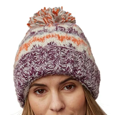 Image of Pachamama Women Wool/Mohair Beanie Bobble Hat Sherpa Fleece Lined Handknitted Soft Stripe One Size Handmade Extra Warm Fair Trade (Damson)