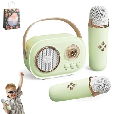 Image of Karaoke Machine for Kids, Mini With 2 Wireless Microphones, Kids Girls, C20 Machine, Retro Speaker Set Stereo Sound Party (2 Mic,Green)