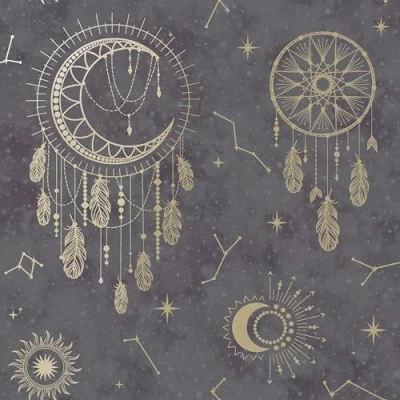 Image of Holden Decor Dreamcatcher Wallpaper Modern for Bedroom, Nursery &amp; Children’s Playroom Decorative Luxury Wall Paper with Dreamcatchers, Suns, Stars, Moons Star Signs (Black Gold)