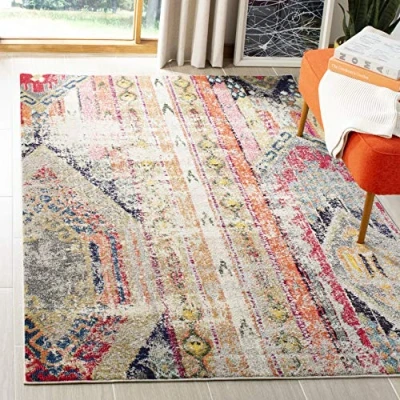 Image of Safavieh Boho Chic Teppich für Wohnzimmer, Esszimmer, Schlafzimmer Monaco Collection, Kurzer Flor, Hellgrau und Multi, 122 X 170 cm