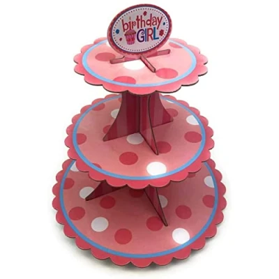 Image of AEX 3 Tier Cake Stand Cardboard For Afternoon Tea Stands Round Food Fruit Dessert Display Cupcake Holder [Pink Big Polka Dot]