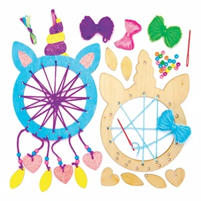 Image of Baker Ross AT721 Wooden Unicorn Dream Catcher Kits Pack of 4, Create your own Dreamcatcher for Kids Arts and Crafts, Wall Decorations an Introduction to Sewing, Blue,Green,Pink,Purple