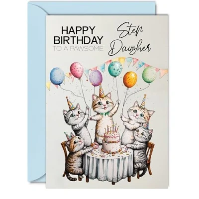 Image of Step Daughter Birthday Card Pawsome Party Cats Balloons Happy for from Dad Mum, 5x7 Inch Female Cat Bday Greeting Cards