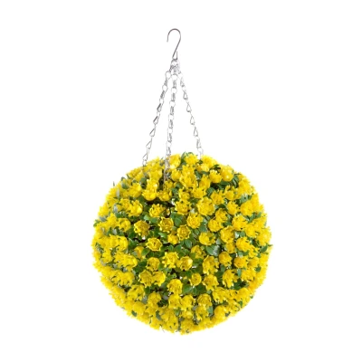 Image of Best Artificial 28cm Yellow Rose Topiary Hanging Flower Ball **UV Fade Protected**