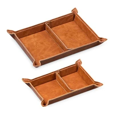 Image of Navaris Faux Leather Tray Set 2 Valet Organiser Trays for Bedside Table Desk with Dividers Store Keys, Change, Wallet, Phone, Glasses Brown