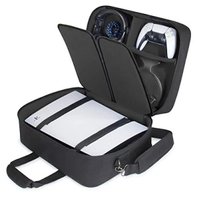Image of USA GEAR PS5 Case Console Compatible with PlayStation 5 and Digital Edition Customizable Interior for Controller, Games, Gaming Headset, Accessories (Black)