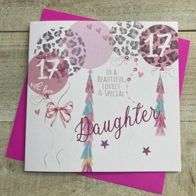 Image of WHITE COTTON CARDS DAUGHTER AGE 17 LEOPARD PRINT BALLOONS BIRTHDAY CARD, HAND FINISHED (S272 17)