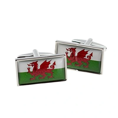 Image of Welsh Dragon Flag in Rhodium Silver Frame Cufflinks a Black Leatherette Box X2N9956 WALES XCBOX