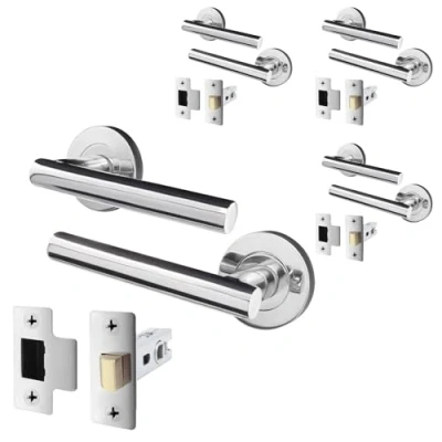 Image of EAI Door Handle Latch Set Polished Chrome Pack of 4 Round T Bar Internal Handles &amp; (64mm) Silver Lever on Rose Oliena Range