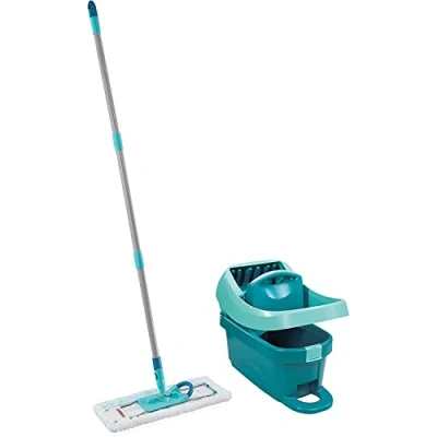 Image of Leifheit Profi XL Mop and Bucket Set, Deluxe 42 cm Large Floor Mop, Easy Steer Micro Fibre Head Wringer with Rollers, Turquoise