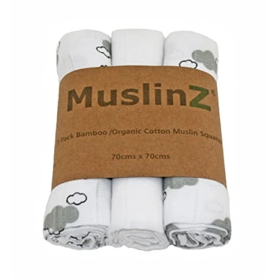 Image of MuslinZ 3pk Muslin Squares, Burp Cloths 70cms Luxury Bamboo Organic Cotton mix (Grey Mist)
