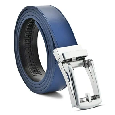 Image of Premium Grain Leather Comfort Click Adjustable Fit Ratchet Jeans Pants Belt Automatic Buckle No Holes (blue,120cm)