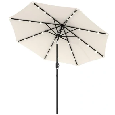 Image of Outsunny Φ2.7m Garden 24 LED Light Parasol Solar Outdoor Tilt Sun Umbrella Patio Club Party Event Manual Shade w/Hand Crank and 8 Ribs Off white