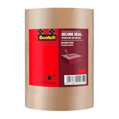 Image of Scotch Secure Seal Packaging Tape Brown 50 mm x 66 m 3 Rolls/Pack Ideal for Packing Boxes and Parcels