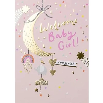 Image of Paperlink New Baby Girl Congratulations Card Crescent Moon Mobile with Gold Foil Eco Friendly &amp; Recyclable Made in England