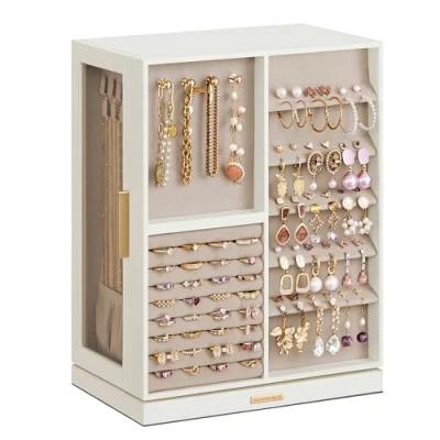Image of SONGMICS Jewellery Box 360 Rotating, Organiser with 7 Drawers, Display Case, Glass Window, Spacious, Vertical Storage, Open Design, Great Gift, Cloud White JBC201W01