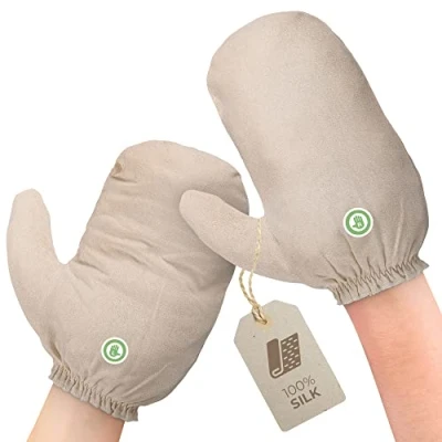 Image of massage EXPERT Garshana silk gloves made of raw [1 pair]. For peeling, Ayurveda, dry &amp; cellulite. Small
