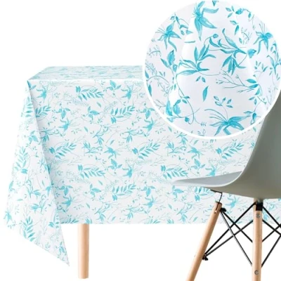 Image of KP HOME White PVC Table Cloth Wipe Clean Tablecloth Oilcloth In Teal Blue Leaf Pattern Rectangular 200x140 cm / 78x55 6 Seats Wipeable Waterproof Plastic Cover Vinyl Turquoise