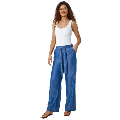 Image of Roman Originals Tie Waist Wide Leg Trousers for Women UK Ladies Everyday Holiday Spring Summer Comfy Soft Evening Vacation Work Party Denim Size 20