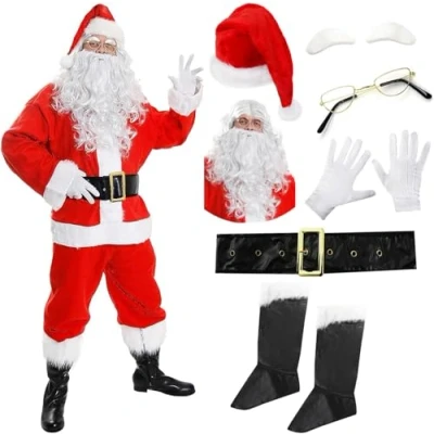 Image of 10 Piece Santa Suit Mens Medium Father Christmas Fancy Dress in Pieces Jacket, Trousers, Hat, Wig, Beard, Eyebrows, Glasses, Gloves, Boot Covers &amp; Belt
