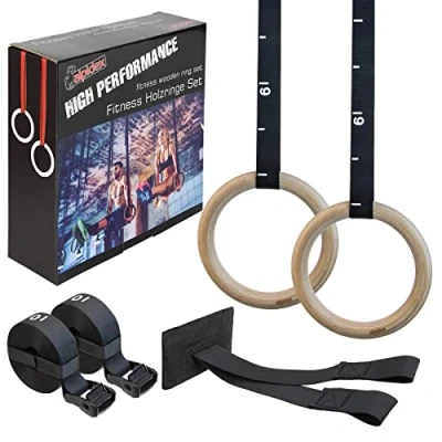Image of ALPIDEX wood gym rings gymnastic including door anchor and fastening loops with length markings