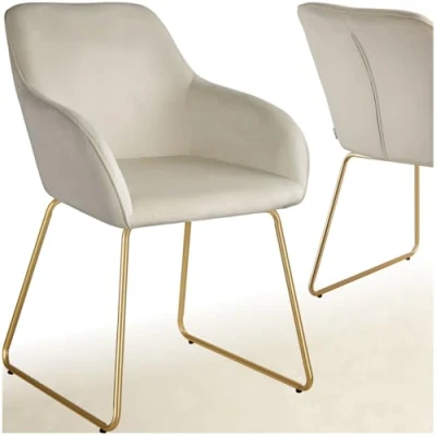 Image of TecTake® Dining Chair with Soft Velvet Look Cover &amp; Curved Steel Frame, Armchair Plush Padding Ergonomic Backrest, Ideal as Room, Kitchen, Living Room Desk Cream/Gold
