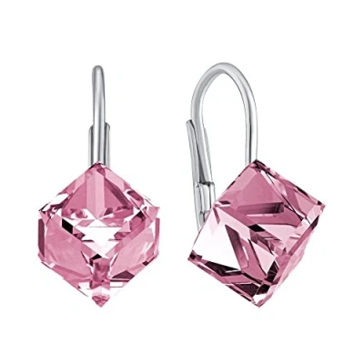 Image of SILVEGO VSW031E Women 925 Sterling Silver Earrings with Swarovski Crystals Pink Cube