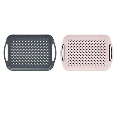 Image of 2X Set of Anti Slip Rectangular Non Top and Bottom Plastic Dinner/ Drinks Serving Tray with High Grip Rubber Surface, Easy Handles,(Grey&amp;Pink)