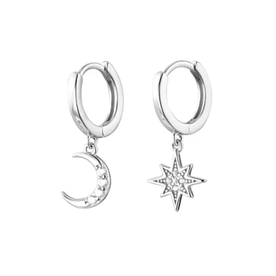 Image of CZ Moon Star Dangle Small Hoop Earrings for Women Girls Sterling Silver Charms Crystal Asymmetrical Snowflake Crescent Drop Mini Cartilage Clip Jewelry Delicate Fashion Birthday Gifts (Gold Plated)