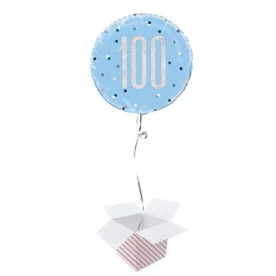 Image of Blue Glitz Holographic Round Foil Helium Balloon Inflated in a Box (Age 100, Birthday)